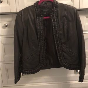 Brown faux  leather jacket with ruffle trim